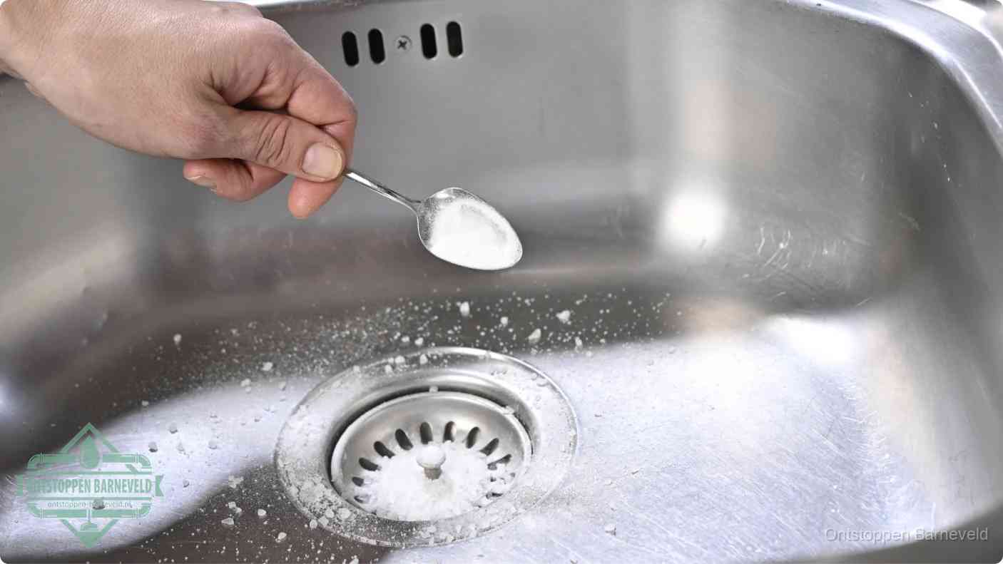 Een hand strooit met een lepel soda in de afvoer van een roestvrijstalen spoelbak, de soda en azijn huismiddel-methode om de afvoer te ontstoppen in Barneveld